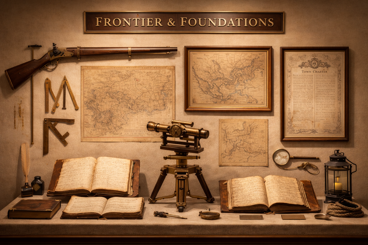 Exhibit panel representing frontier and foundation stories.